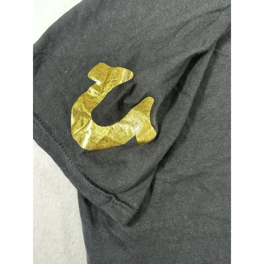 True Religion Black T-Shirt Men's Large Gold Logo Graphic Tee Cotton Crewneck